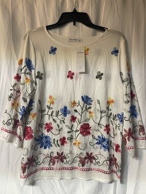 Eyelet Floral Embroidered White Tunic Top by Ana & Ava